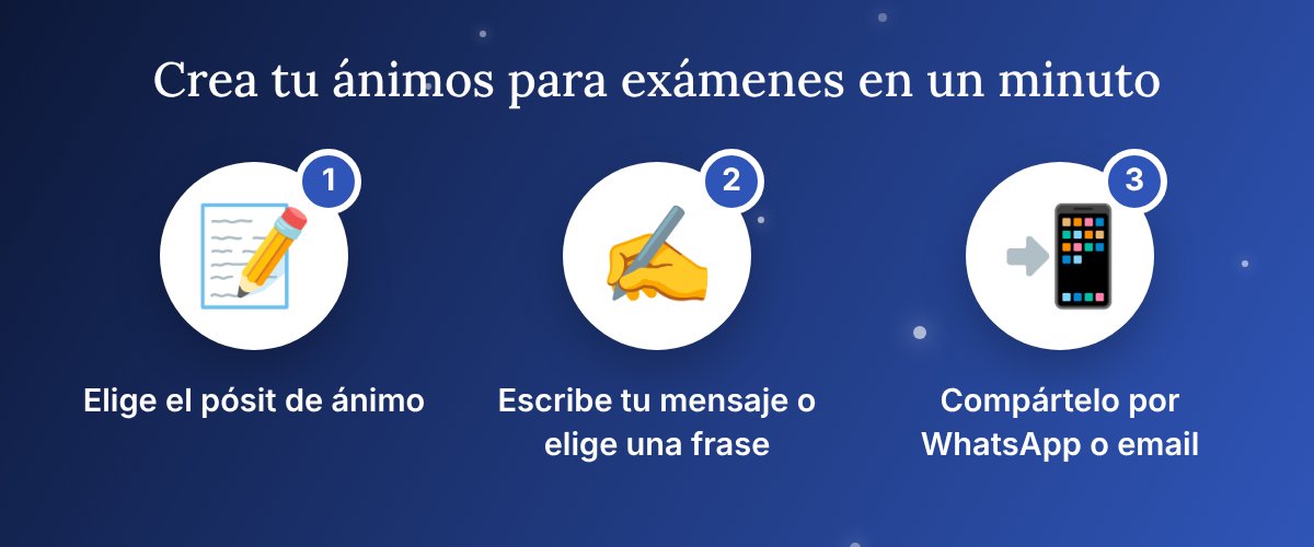 Tres pasos para enviar ánimos para exámenes: elige el pósit, escribe tus ánimos y compártelo
