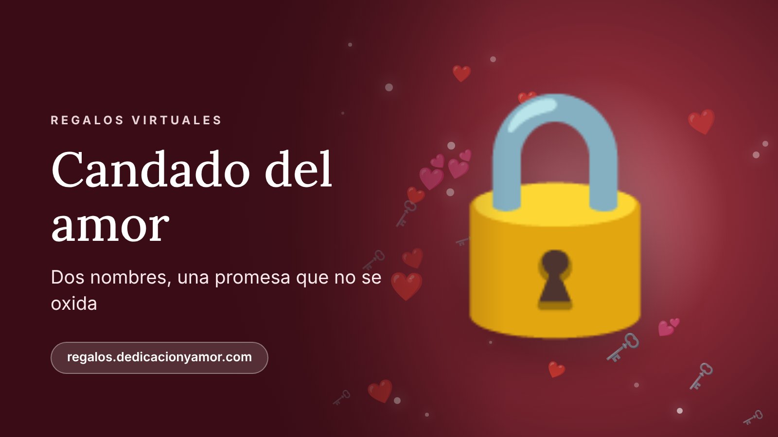 Ilustración de un candado dorado con corazones sobre fondo rojo, el candado del amor virtual de regalos.dedicacionyamor.com