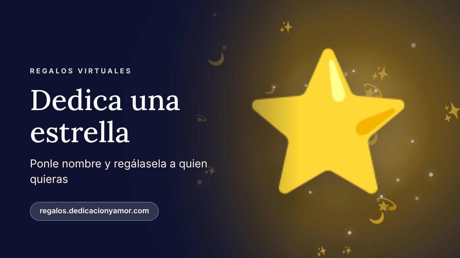 Ilustración de una estrella dorada brillante sobre un cielo nocturno azul, para dedicar una estrella en regalos.dedicacionyamor.com