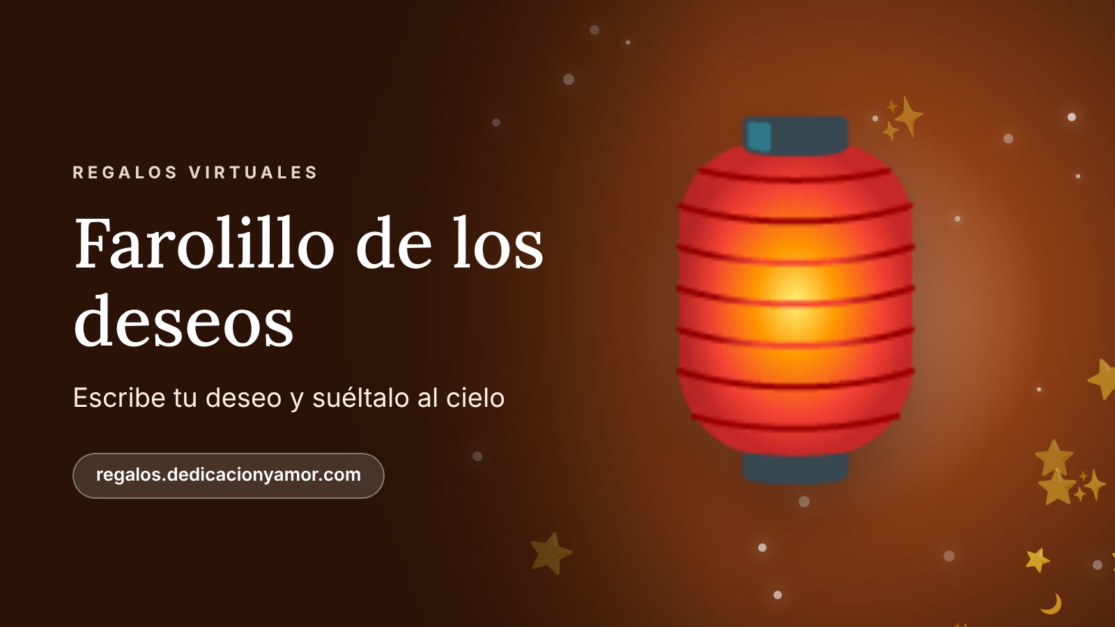 Ilustración de un farolillo rojo de los deseos iluminado sobre un cielo naranja con estrellas, de regalos.dedicacionyamor.com