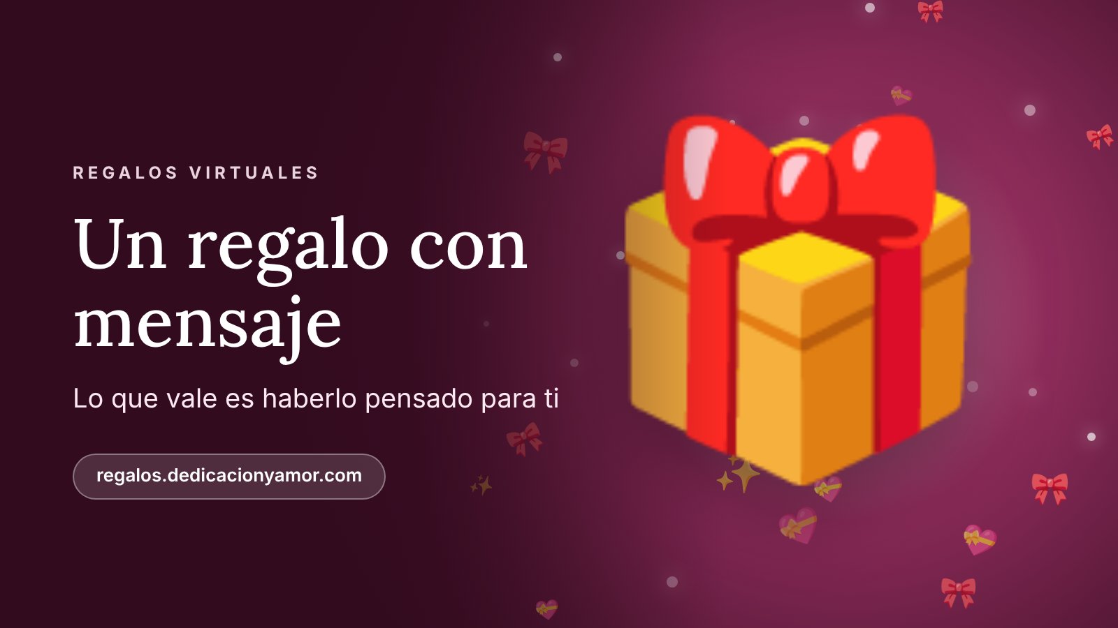 Ilustración de una caja de regalo dorada con lazo rojo sobre fondo rosa, el regalo virtual con mensaje de regalos.dedicacionyamor.com