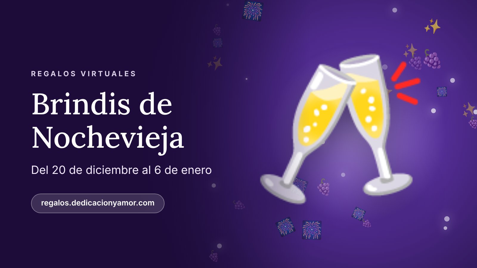 Ilustración de dos copas brindando entre fuegos artificiales sobre fondo violeta, el reto Brindis de Nochevieja de regalos.dedicacionyamor.com