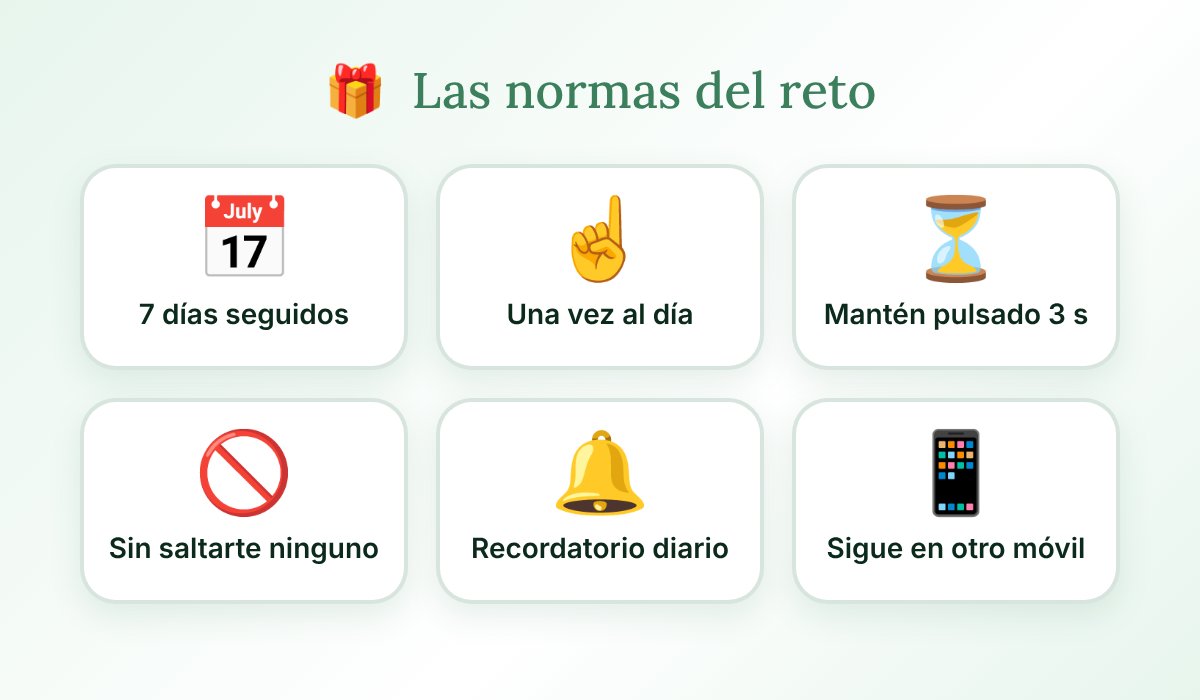 Las normas del reto Cuida tu regalo: 7 días seguidos, una vez al día, mantener pulsado 3 segundos, sin saltarse ninguno, recordatorio diario y posibilidad de seguir en otro móvil