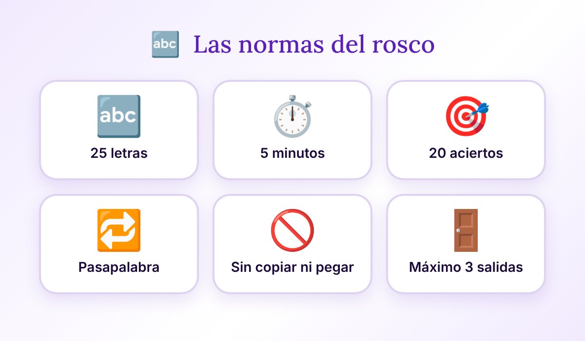Las normas del reto El rosco de los regalos: 25 letras, 5 minutos, 20 aciertos para ganar, pasapalabra, sin copiar ni pegar y un máximo de 3 salidas