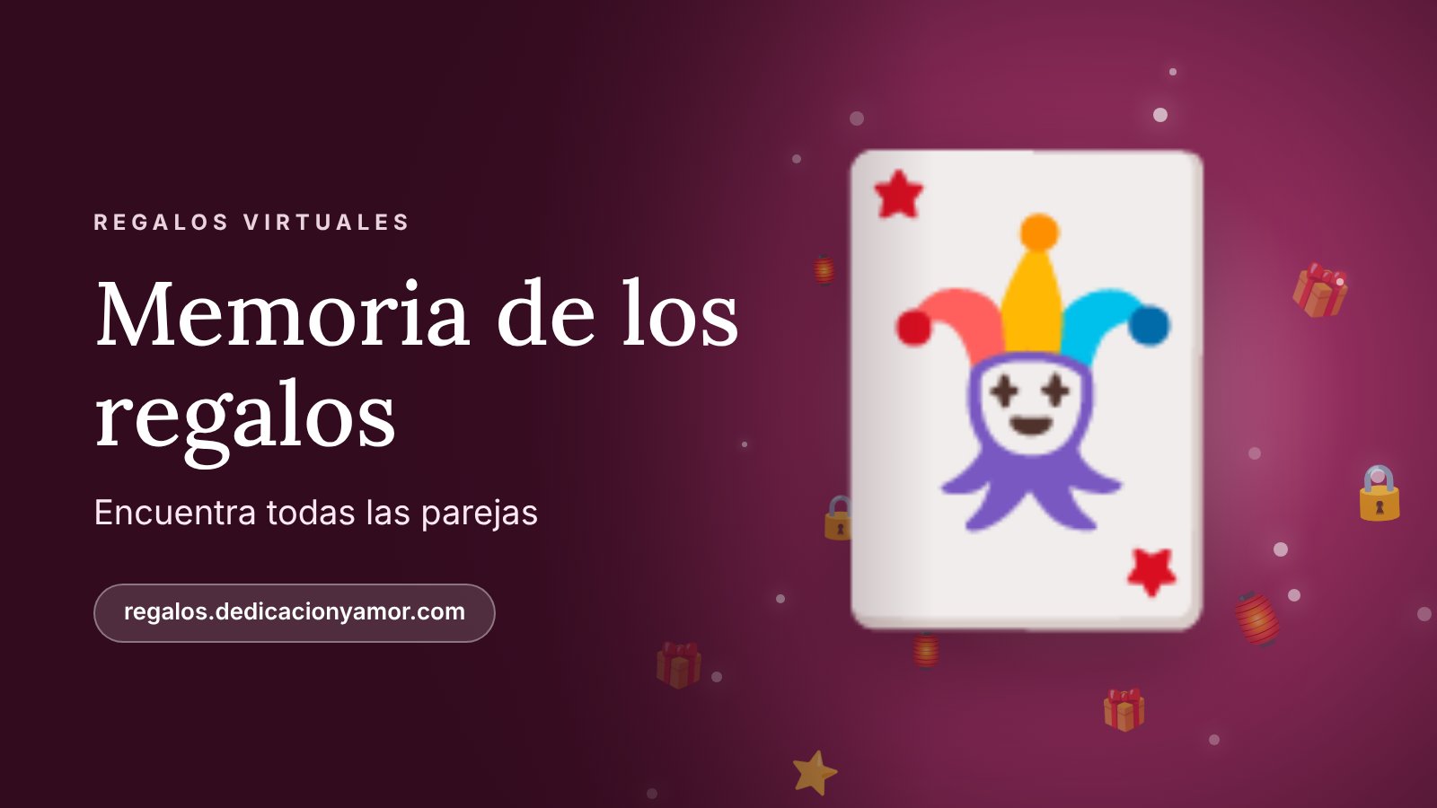 Ilustración de cartas de un juego de memoria con regalos sobre fondo rosa, el reto Memoria de los regalos de regalos.dedicacionyamor.com
