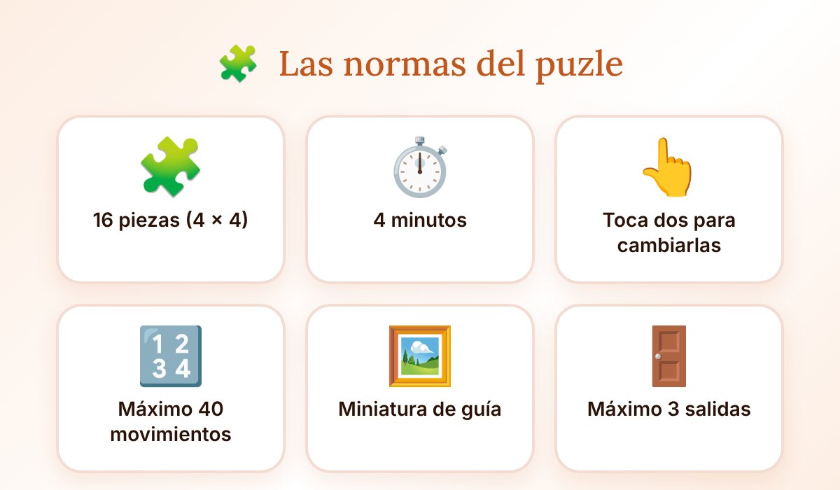 Las normas del reto Puzle de los regalos: 16 piezas de 4 por 4, 4 minutos, tocar dos piezas para cambiarlas, máximo 40 movimientos, miniatura de guía y un máximo de 3 salidas
