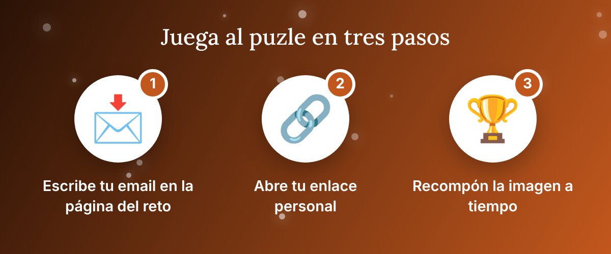 Tres pasos para jugar al Puzle de los regalos: escribe tu email, abre tu enlace personal y recompón la imagen a tiempo