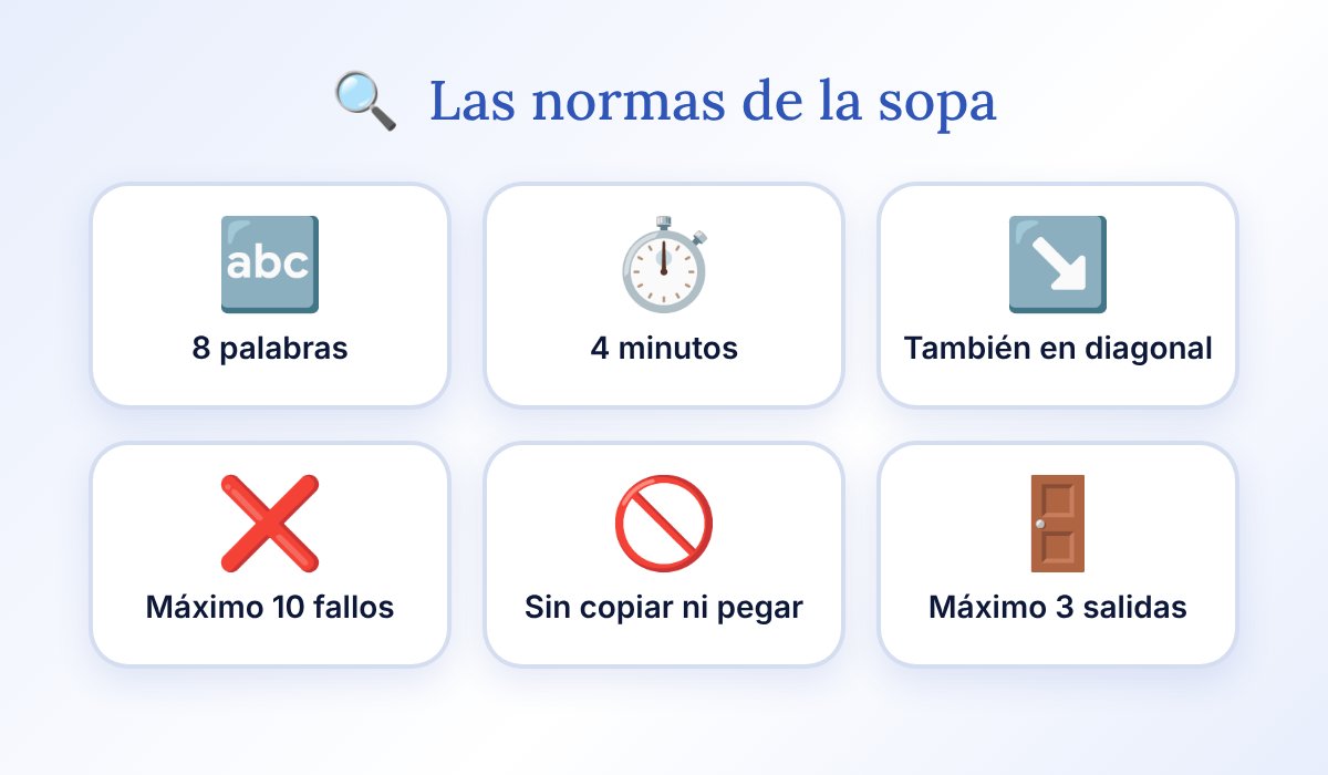 Las normas del reto Sopa de letras de los deseos: 8 palabras, 4 minutos, también en diagonal, máximo 10 fallos, sin copiar ni pegar y un máximo de 3 salidas