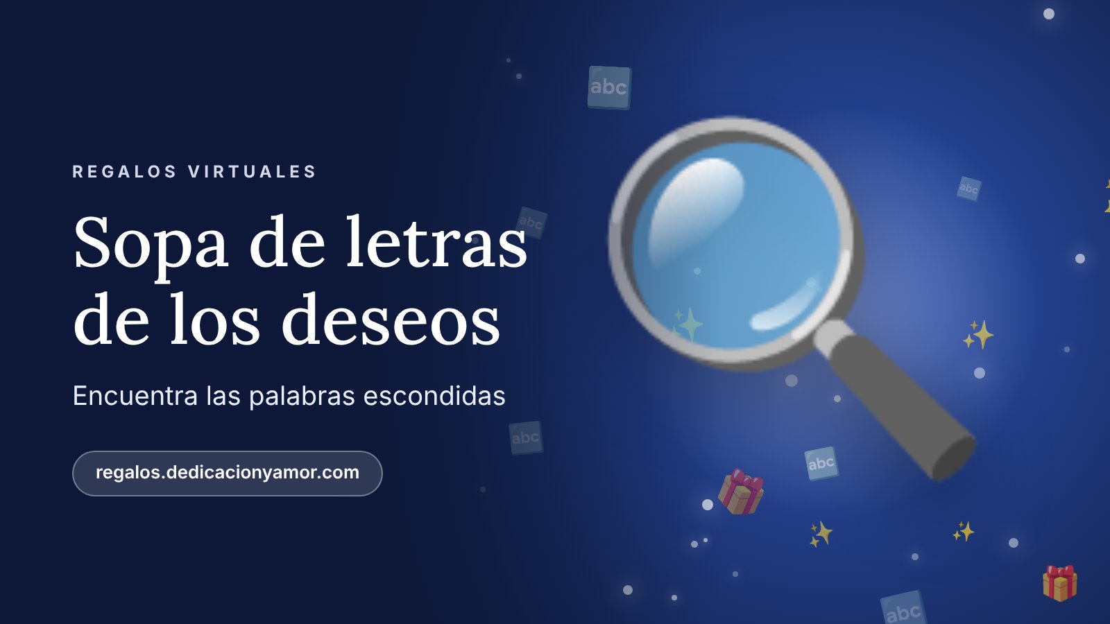 Ilustración de una lupa sobre una sopa de letras en fondo azul, el reto Sopa de letras de los deseos de regalos.dedicacionyamor.com